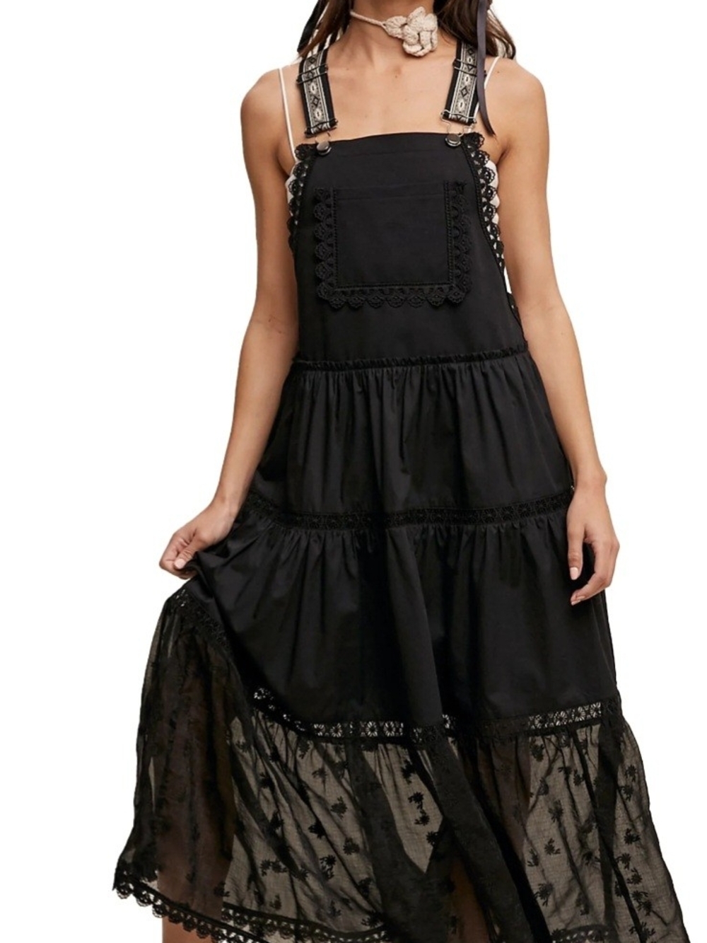 Overall Lace Trim Dress  Lace-Trim Midi Dress with Embroidered Pocket
